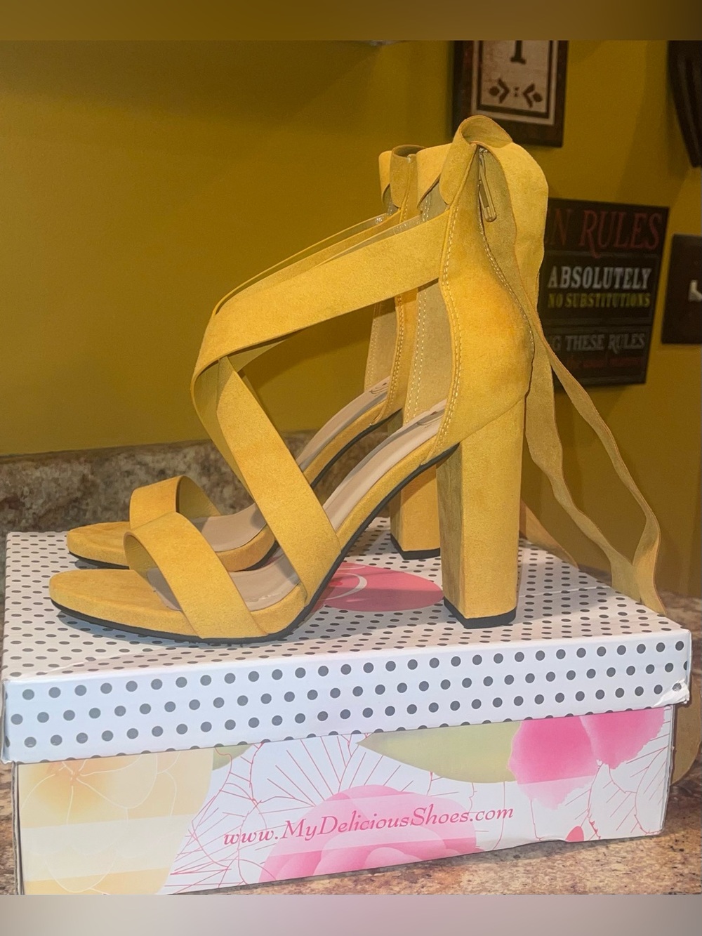 Delicious Yellow Strappy Block Heel Sandals - Picture 2 of 7
